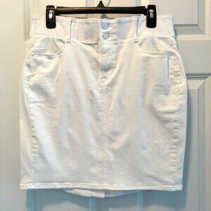 White Stretch Denim Tummy Control Skirt, Pockets, Zipper/Button Close, Slimming